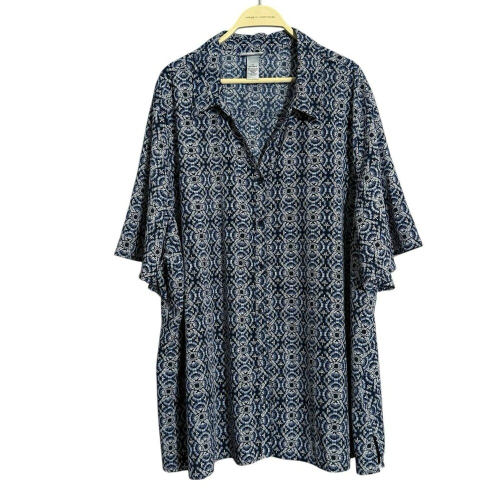 Catherines Blouse Button Top Women 4X 30W 32W Retro Patterned Printed All Over